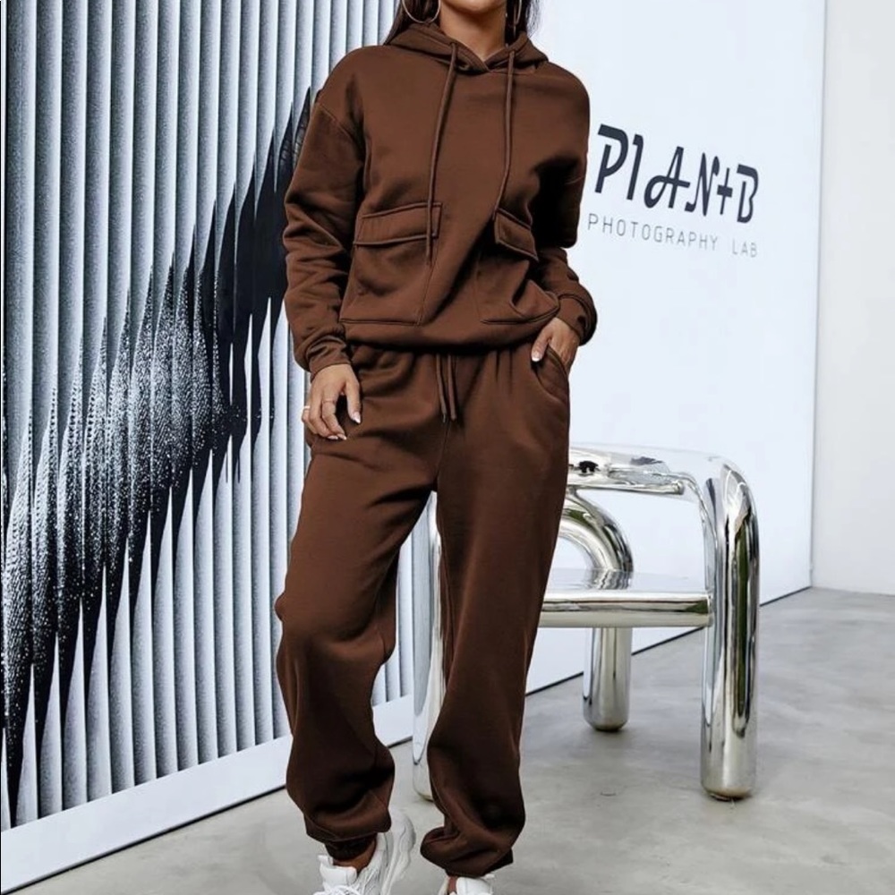 Flap Pocket Drop Shoulder Drawstring Hoodie & sweatpants